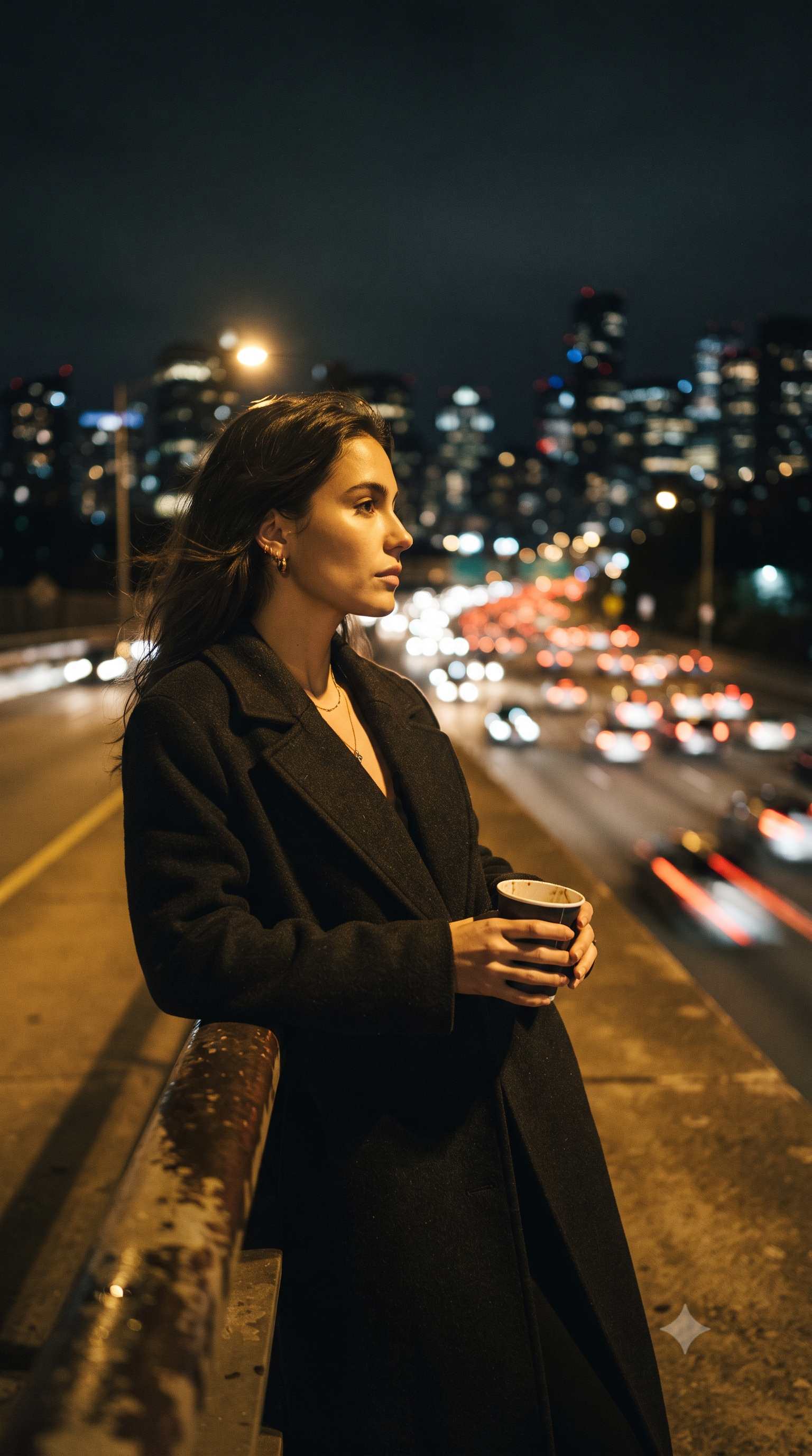 Cinematic Night Portrait Banana Prompt: Contemplative Woman on Urban Overpass