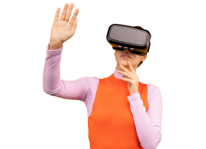 Woman with VR Goggles, VR Goggles, Virtual Reality Headset, Virtual Reality game, Hand Gesture, Immersion, VR game, Play station
