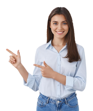Smiling young girl png, Professional woman pointing finger, smart girl showing product png image, Customer care woman transparent background